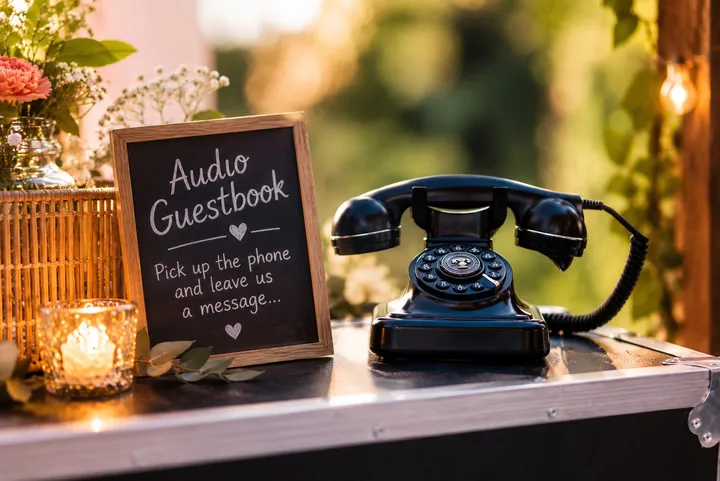 Audio guestbook: een retrotelefoon naast een bordje