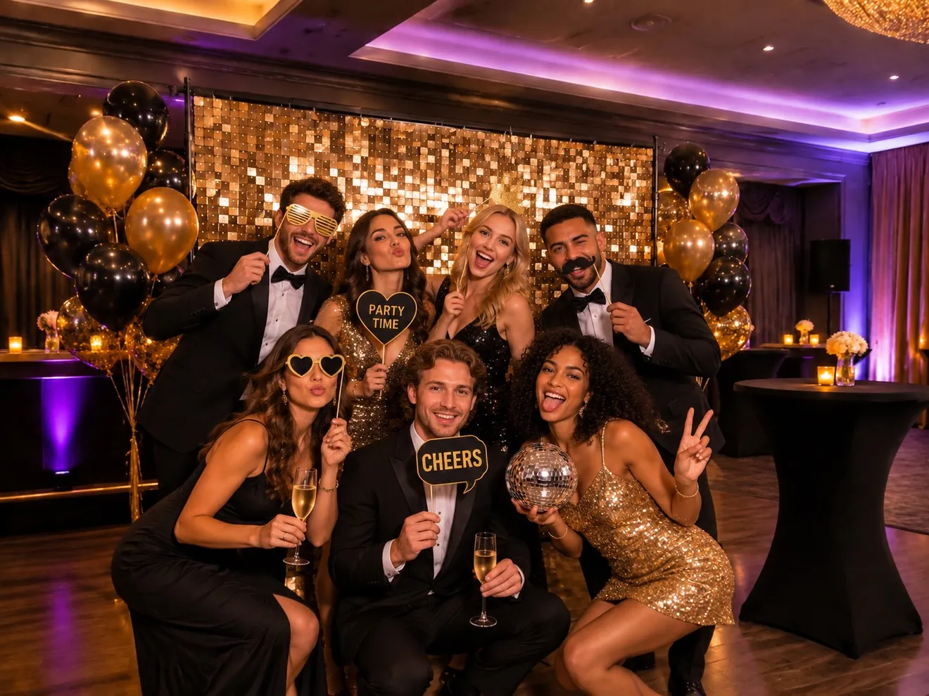 Feestende gasten met props voor een gouden paillettenwand