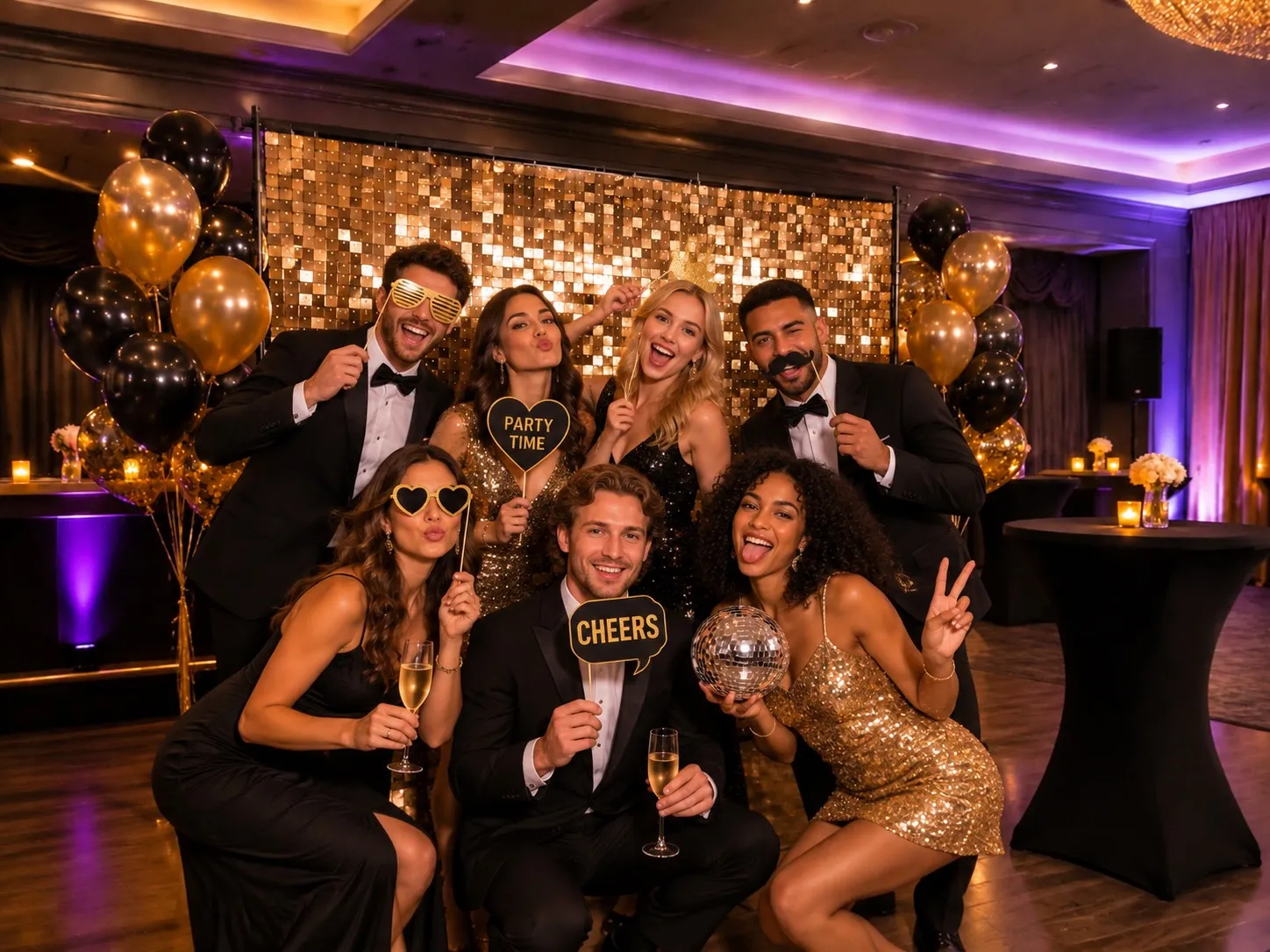 Feestende gasten met props voor een gouden paillettenwand